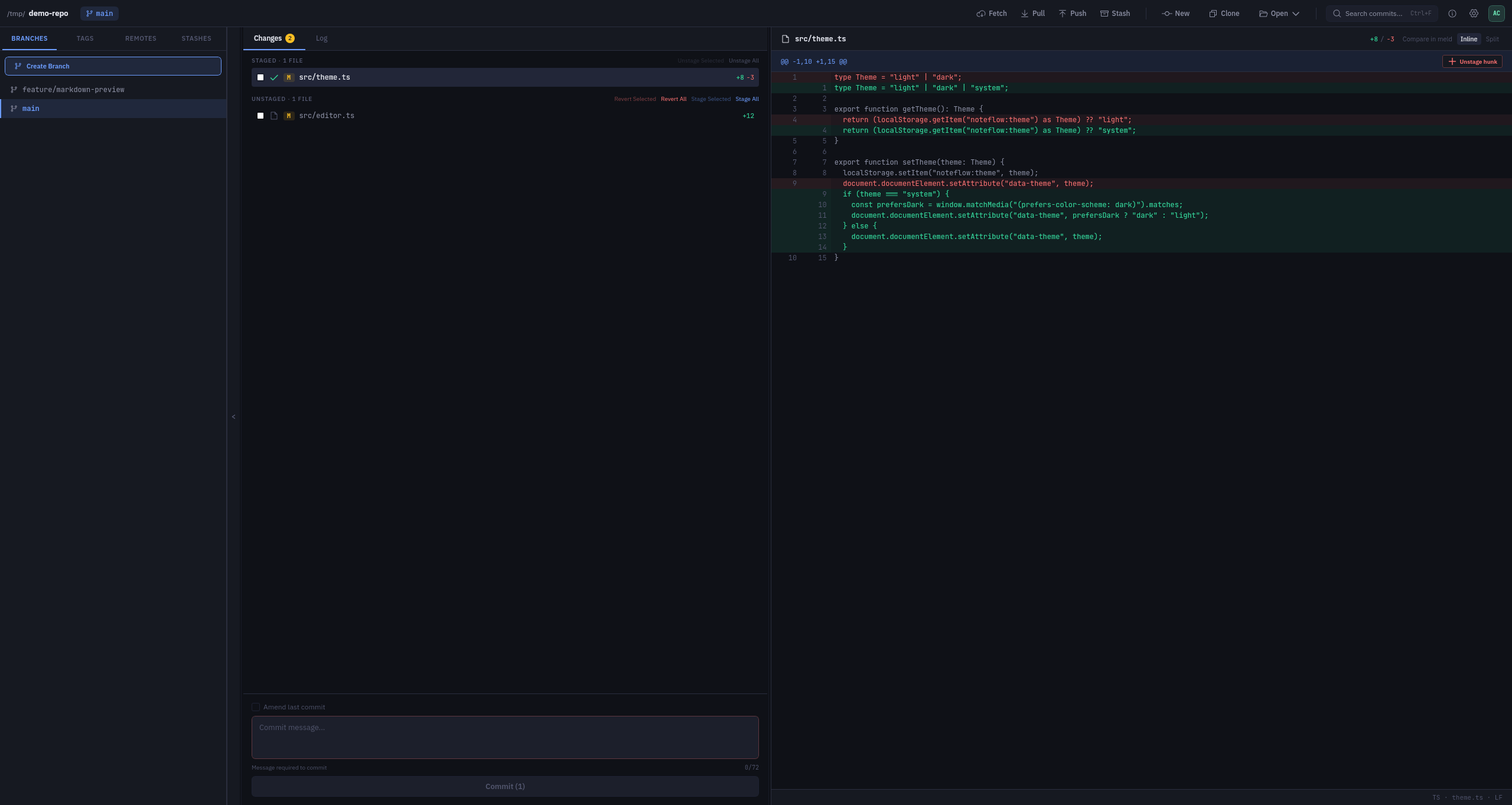 Gitmun showing branches, changed files, and an inline diff